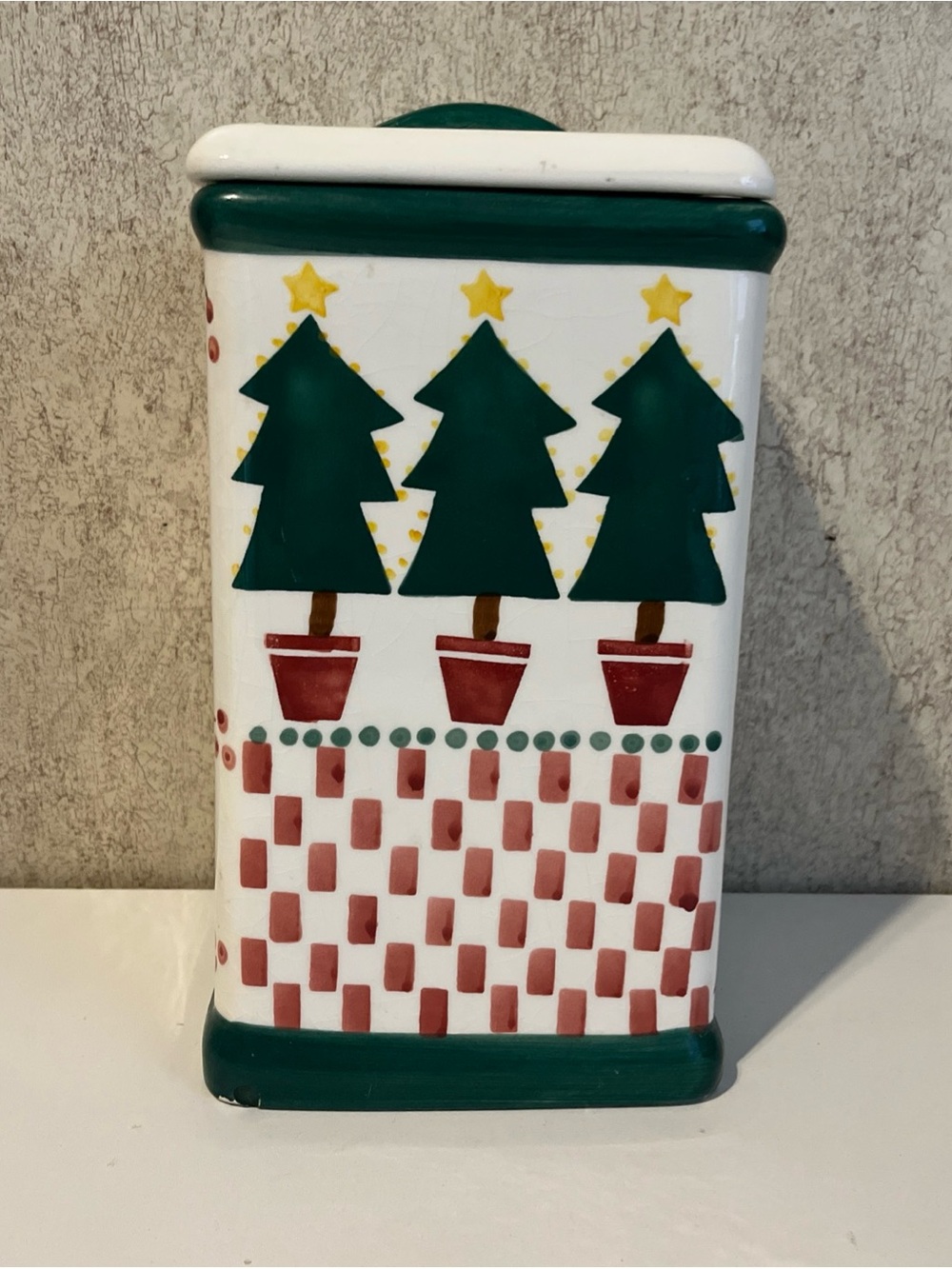 Rare Trish Richman Christmas Cookie Jar At Home International Trees Red White EC